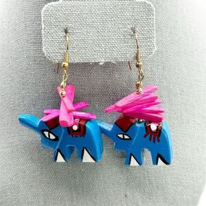 Handmade Blue Pink Folk Art Elephant Wood Dangle Earrings Novelty Fun Nature